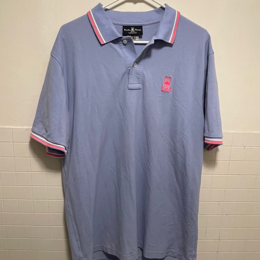 Psycho Bunny Men's Light Blue Polo Shirt with Pink Accents
